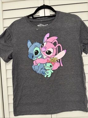 Disney Gray Tee with Pink Angel and Blue Stitch Graphic